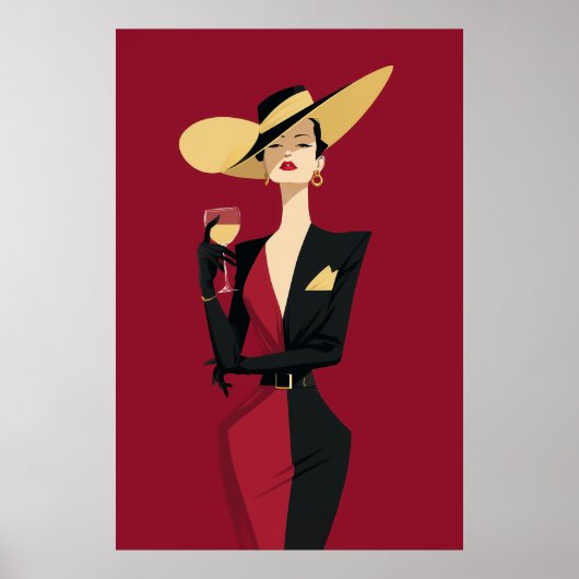 Elegante vrouw wijn illustratie poster (Voorkant)