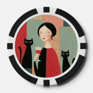Elegante vrouw zwarte katten en wijn poker chips