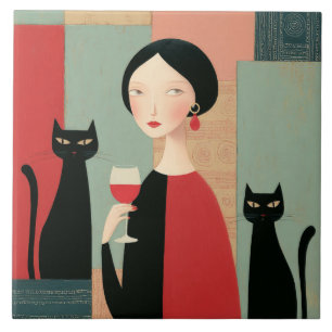 Elegante vrouw Zwarte katten en wijn Tegeltje