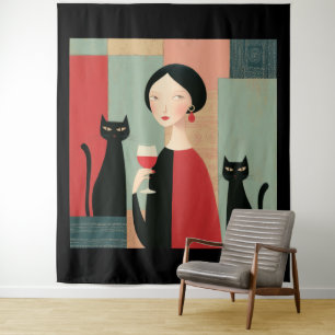 Elegante vrouw zwarte katten en wijn wandkleed