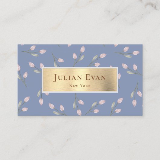 Elegante Vrouwelijke Glitter Goud Dusty Blue Flora Visitekaartje (Voorkant)