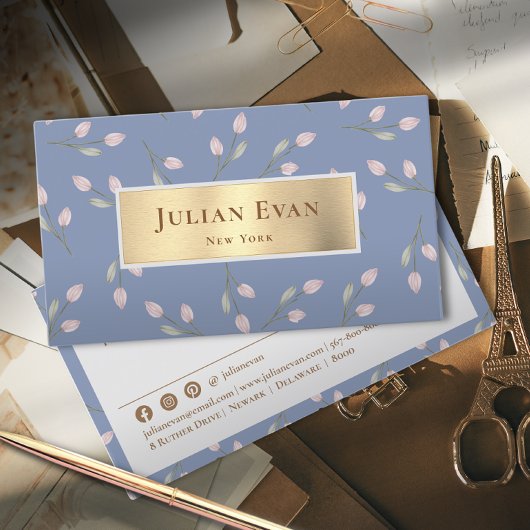 Elegante Vrouwelijke Glitter Goud Dusty Blue Flora Visitekaartje