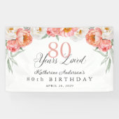Elegante Vrouwelijke Perzik Bloemen 80ste Verjaard Spandoek (Horizontaal)