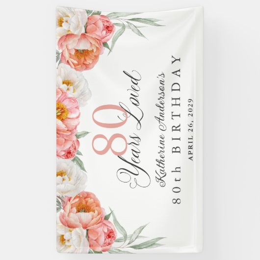 Elegante Vrouwelijke Perzik Bloemen 80ste Verjaard Spandoek (Verticaal)