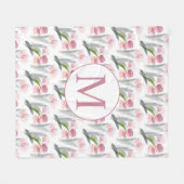 Elegante Vrouwelijke Roze Tulp Wit Monogram Fleece Deken (Voorkant (Horizontaal))