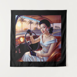 Elegante vrouwen in klassieke auto's wandkleed