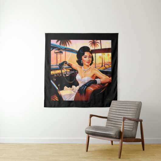 Elegante vrouwen in klassieke auto's wandkleed (In situ)