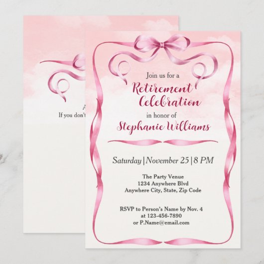 Elegante Vrouwen Pensioen Roze Bow Border Party Kaart (Voorkant / Achterkant)