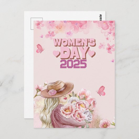 Elegante Vrouwendag 2025 met Roze Bloemen Ontwerp Briefkaart (Voorkant / Achterkant)