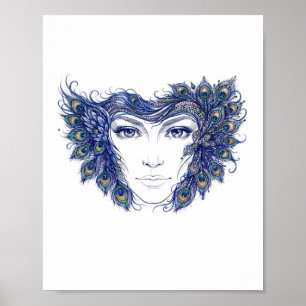 Elegante vrouwenface met pauwenveren wandkunst poster