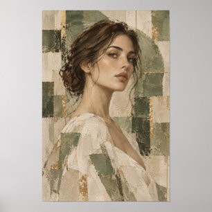 Elegante vrouwenportret met saliegroene abstracte poster