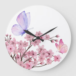 Elegante wandklok met tak van kersenbloesem en