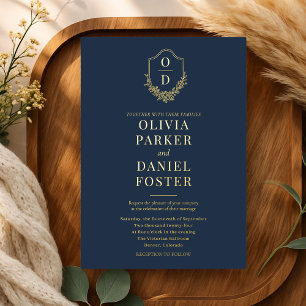 Elegante Wapen Monogram Huwelijk Navyblauw Goud Folie Uitnodiging