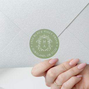 Elegante Wapen Sage Groene Huwelijks Retouradres Ronde Sticker