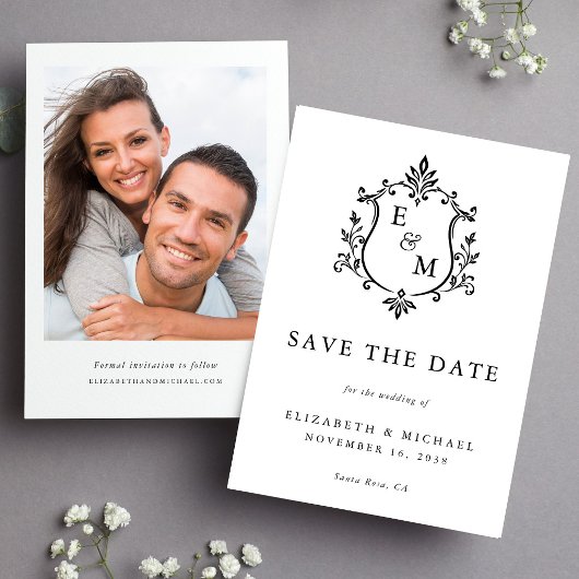 Elegante Wapeninitialen Foto Bruiloft Save The Date