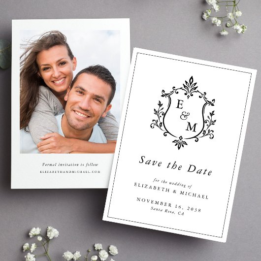 Elegante Wapeninitialen Foto Bruiloft Save The Date