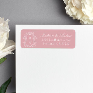 Elegante Wapenroos Roze Monogram Huwelijksadres Etiket