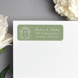Elegante Wapenstil Muisgroene Monogram Huwelijksad Etiket
