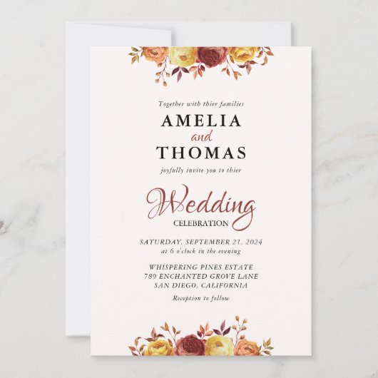 Elegante Warm Herfst Waterverf Bloemenbruiloft Kaart (Voorkant)