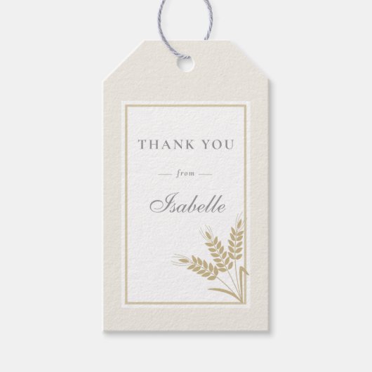 Elegante warme linnen tarwe baby shower cadeaulabel (Voorkant)