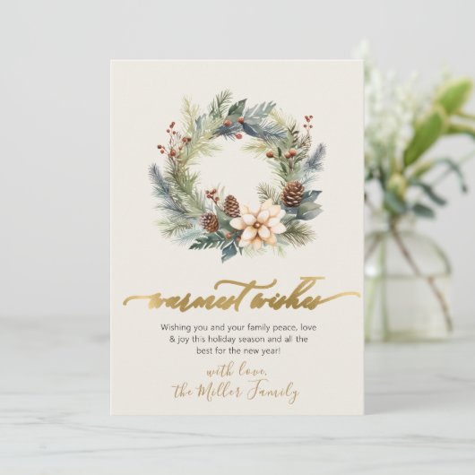 Elegante Warmste Wensen Gouden Script Krans Groen Feestdagenkaart (Staand voorkant)
