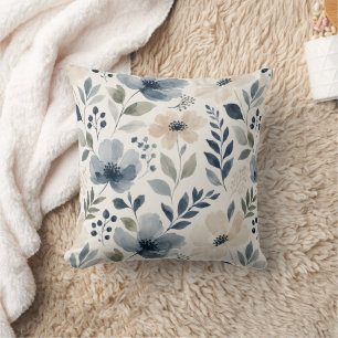 Elegante Watercolor Bloemen Blauwe Crème Bloemstuk Kussen