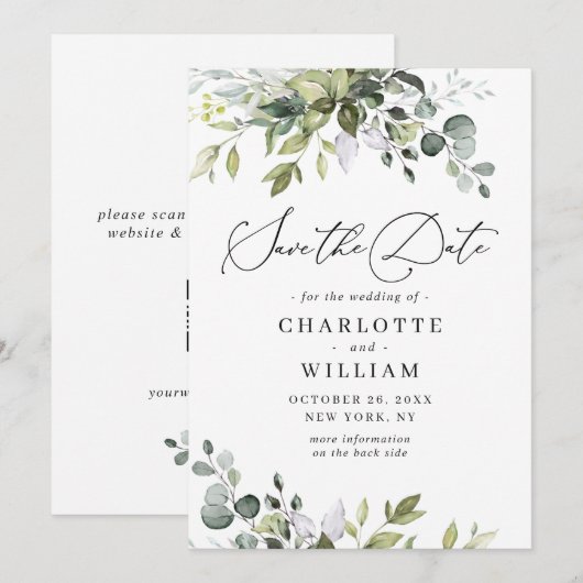 Elegante Watercolor Eucalyptus Huwelijk QR Code Save The Date (Voorkant / Achterkant)