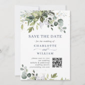 Elegante Watercolor Eucalyptus Huwelijks QR Code Save The Date (Voorkant)