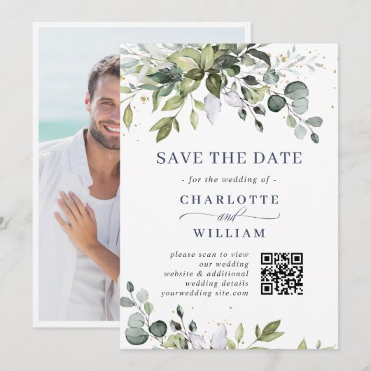 Elegante Watercolor Eucalyptus Huwelijks QR Code Save The Date (Voorkant / Achterkant)