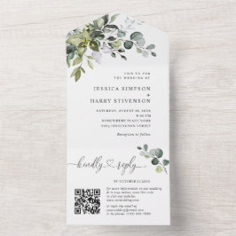 Elegante Watercolor Eucalyptus Trouw QR-code All In One Uitnodiging