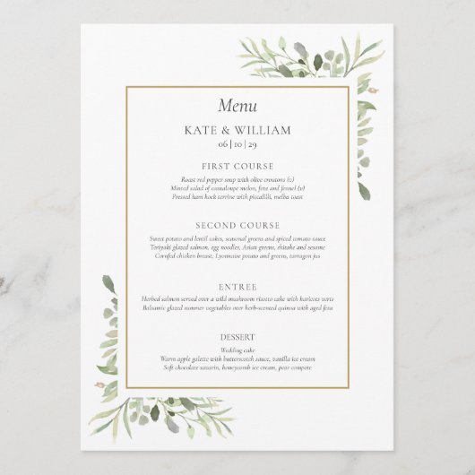Elegante Watercolor Groene Huwelijksdiner Menu (Voorkant)