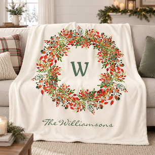 Elegante Watercolor Groene Krans Monogram Aangepas Fleece Deken
