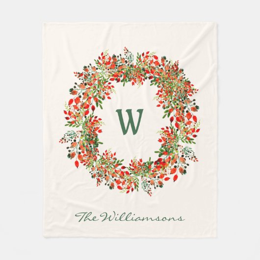 Elegante Watercolor Groene Krans Monogram Aangepas Fleece Deken (Voorkant)