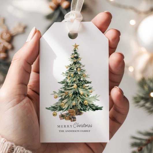 Elegante Watercolor Kerstboom Cadeaulabel