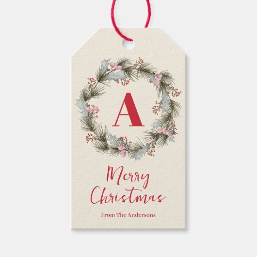 Elegante Watercolor Kerstkrans Monogram Cadeaulabel (Voorkant)