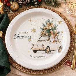 Elegante Watercolor Kerstman Auto Sneeuw Kerstfees Papieren Bordje