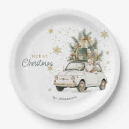 Elegante Watercolor Kerstman Auto Sneeuw Kerstfees Papieren Bordje