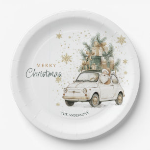 Elegante Watercolor Kerstman Auto Sneeuw Kerstfees Papieren Bordje