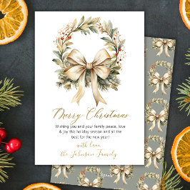 Elegante watercolor krans gouden strik vrolijk ker feestdagenkaart