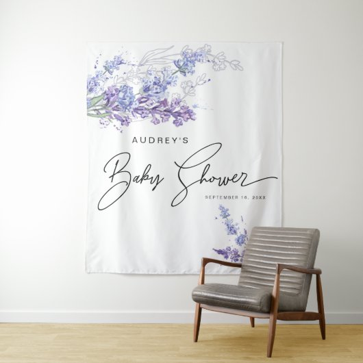 Elegante Watercolor Lavendel Bloemen Baby Shower Wandkleed (In situ)
