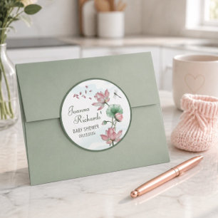 Elegante Watercolor Lotus Bloem Baby Shower Ronde Sticker