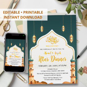 Elegante Watercolor Moskee Minaretten Iftar-diner Kaart