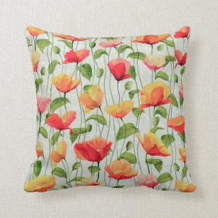 Elegante Watercolor Rode Roze en Gele Bloemen   Kussen
