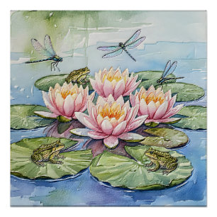 Elegante waterlelvijver met kikkers en libellen perfect poster