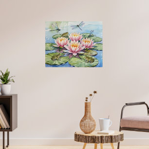 Elegante waterlelvijver met kikkers en libellen poster