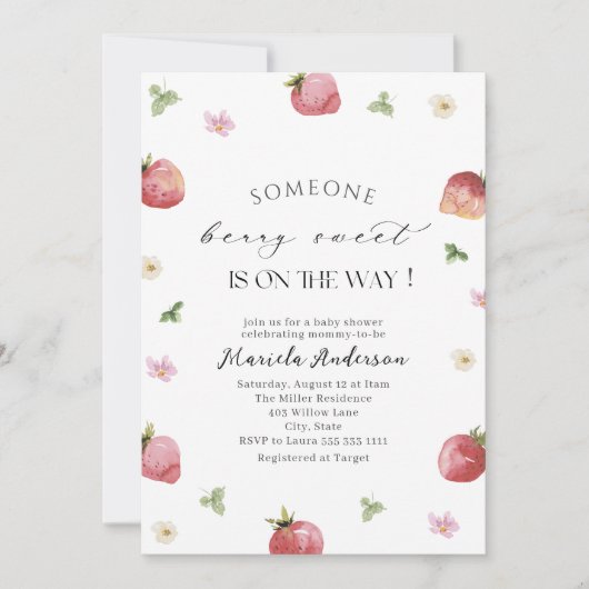 Elegante Waterverf aardbei Baby shower Kaart (Voorkant)