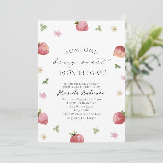 Elegante Waterverf aardbei Baby shower Kaart (Staand voorkant)