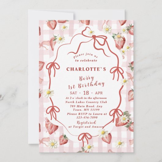 Elegante Waterverf Aardbei meisje 1e verjaardag Kaart (Voorkant)