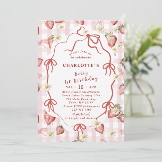 Elegante Waterverf Aardbei meisje 1e verjaardag Kaart (Staand voorkant)