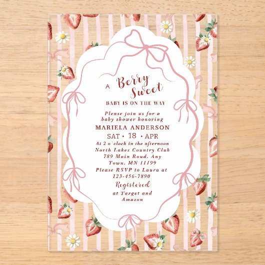 Elegante Waterverf Aardbei meisje Baby shower in Acryl Uitnodigingen (Voorkant)